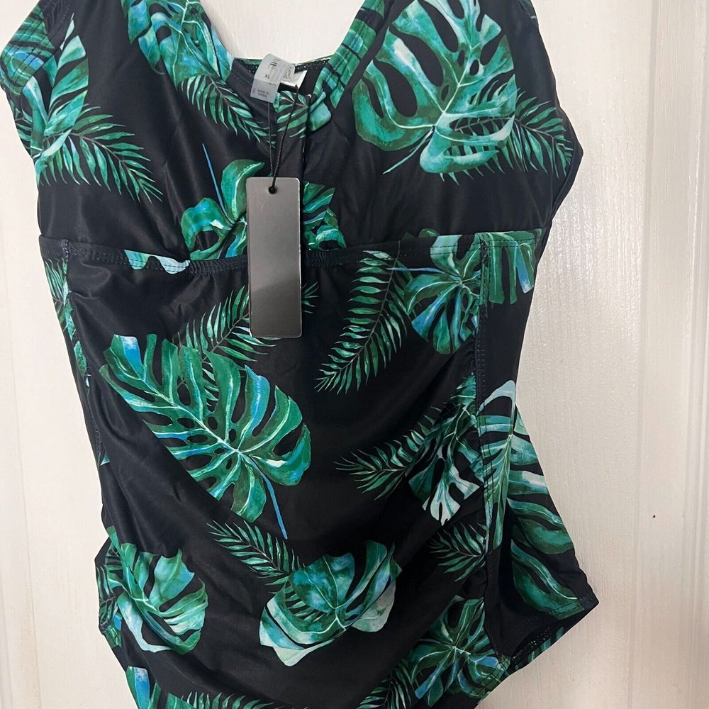 Tempt Me Womens Tropical Leaf Print One Piece Swimsuit Black Green XL Ruched NWT - Picture 6 of 12